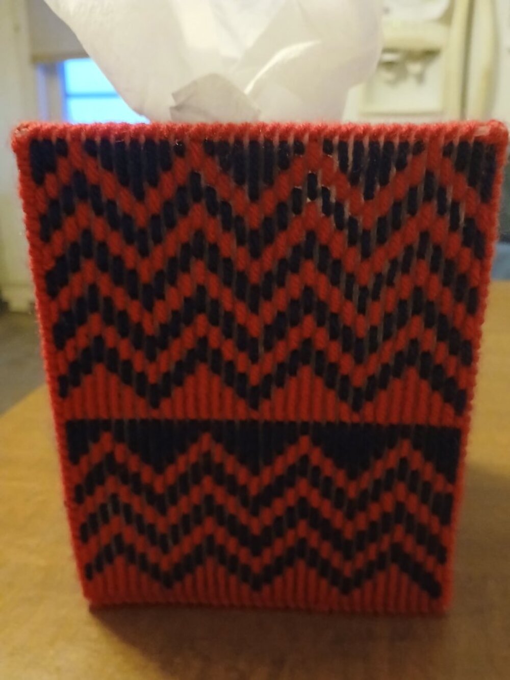 Handmade Plastic Canvas Tissue Box Cover Blue Red Yarn Stitching New